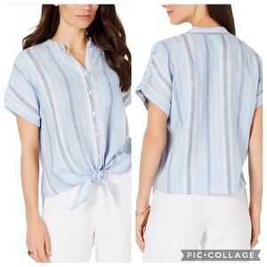 Charter Club Blue Striped 100% Linen Button Down Tie Front Slouchy Sleeve Top